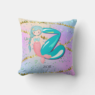 Letter Z Monogram Watercolor Cute Mermaid Nursery Throw Pillow