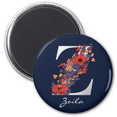 Letter Z  Name  Floral White Metallic Monogram Magnet