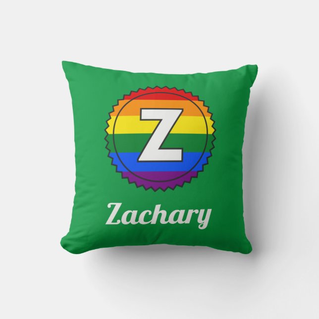 Letter Z & Name Gay Pride Rainbow Monogram - Green Throw Pillow (Front)