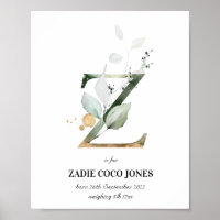 Letter Z New Baby Monogram Birth Print Greenery