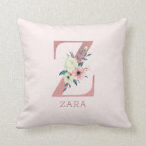 Letter Z Pink Watercolor Floral Monogram Nursery Throw Pillow