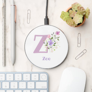 Letter Z plus First Name with a Floral Design Wireless Charger