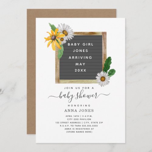 Letterboard Wildflowers Baby Shower Invitation