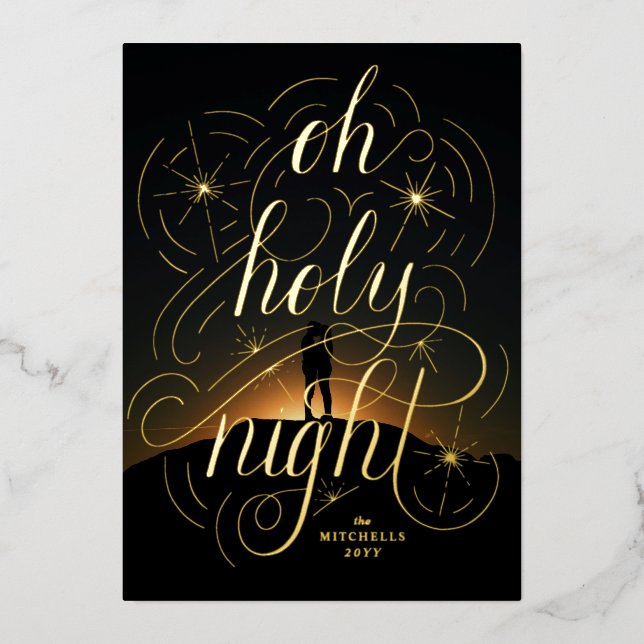 Lettered Oh Holy Night Foil Holiday Card (Front)