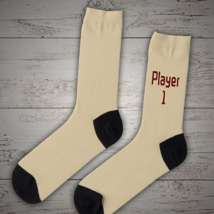 Lettering Player 1 in Deep Red on Beige Socks
