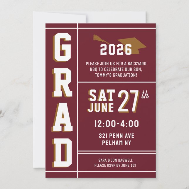 LETTERMAN GRAD School Colors MAROON Announcement  (Back)