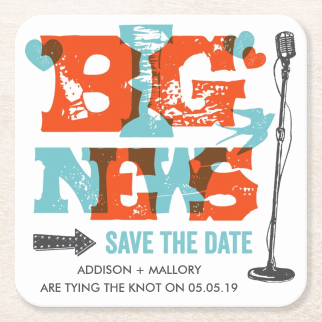 Letterpress Big News Save the Date Coasters (Front)