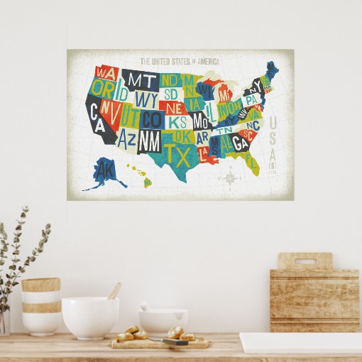 Letterpress USA Map Poster Zazzle