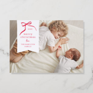 Letterpress Whimsical Bow Red Ribbon Christmas Letterpress Photo Cards