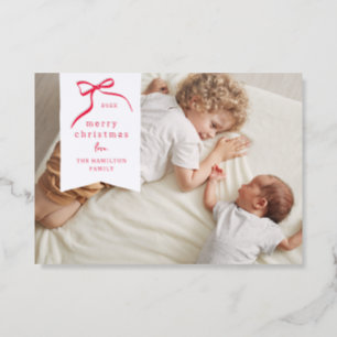 Letterpress Whimsical Bow Red Ribbon Christmas Photo Cards