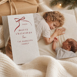 Letterpress Whimsical Bow Red Ribbon Christmas Photo Cards