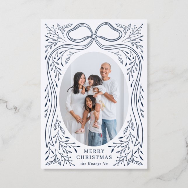 Letterpress Winter Bow Elegant Botanical Christmas Letterpress Photo Cards (Front)