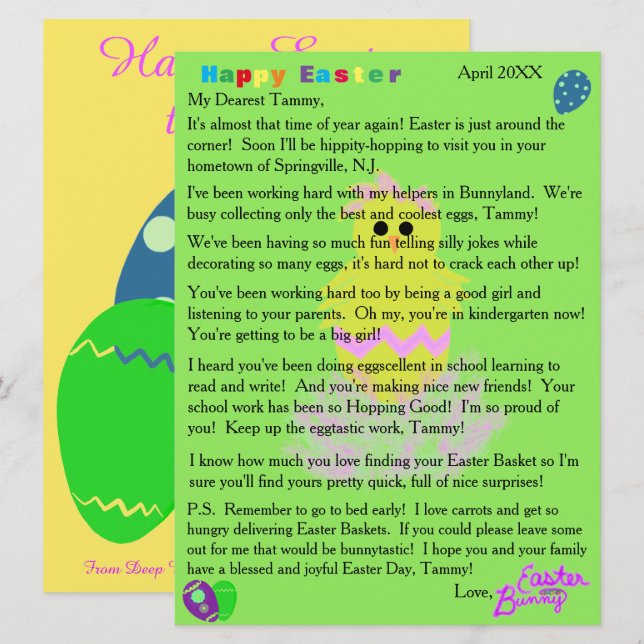 Letters from Easter Bunny Yellow Pink Chick Egg Holiday Card (Front/Back)