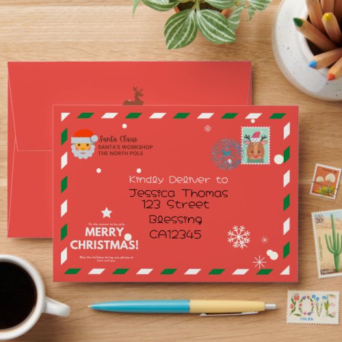 Letters from Santa ClausReindeer Stamp Christmas  Envelope