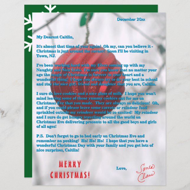 Letters from Santa Green Red Ornament (Front/Back)