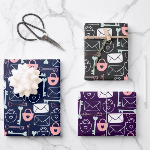 Letters locks and keys on dark 3 colors wrapping paper sheets