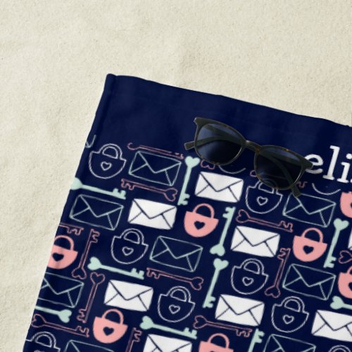 Letters locks and keys on dark blue personalized beach towel