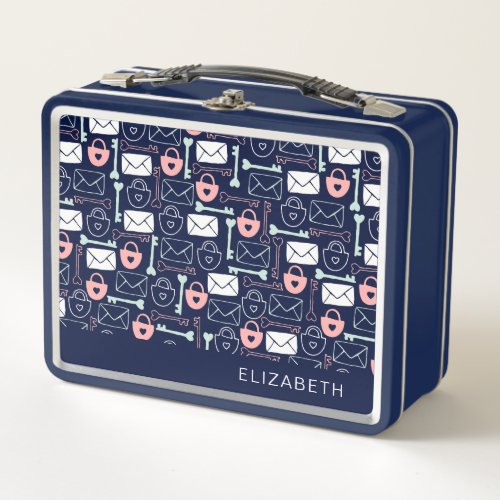 Letters locks and keys on dark blue personalized metal lunch box