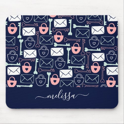 Letters locks and keys on dark blue personalized mouse pad