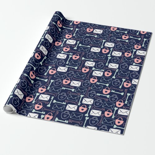 Letters locks and keys on dark blue wrapping paper