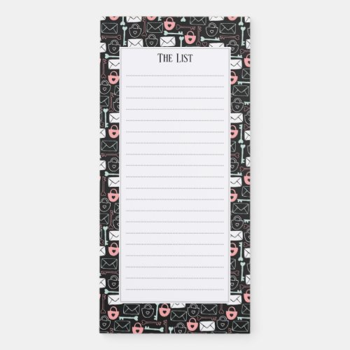 Letters locks and keys on dark gray magnetic notepad