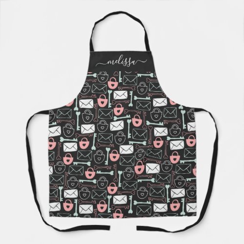 Letters locks and keys on dark gray personalized apron