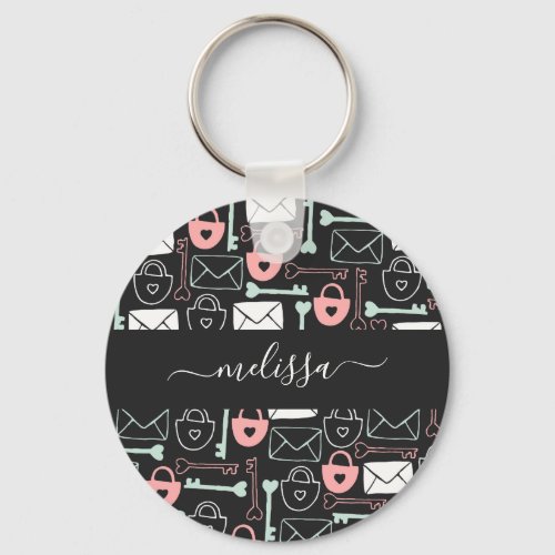 Letters locks and keys on dark gray personalized keychain