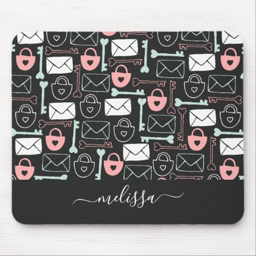 Letters locks and keys on dark gray personalized mouse pad
