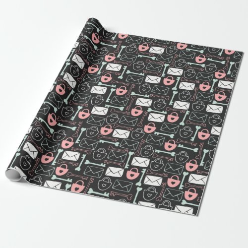 Letters locks and keys on dark gray wrapping paper