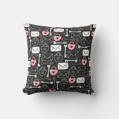 Letters locks and keys on dark mineshaft gray throw pillow