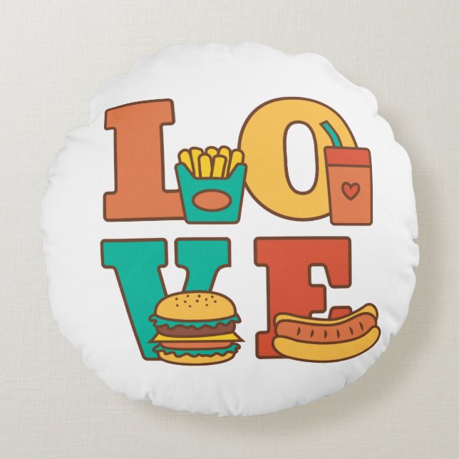 Letters Love Junk Food Room Décor Round Pillow (Front)