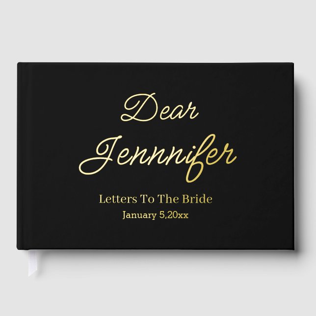 letters to the bride, minimalist chic black gold  foil guest book  (Front)