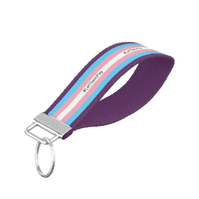 #LetThemPlay Transgender Athletes Trans Flag Wrist Keychain (Angled Down)