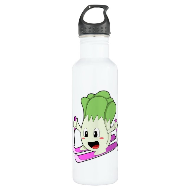 Lettuce as Skier with Ski Stainless Steel Water Bottle (Front)