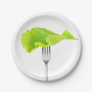 Lettuce leaf on a fork paper plates