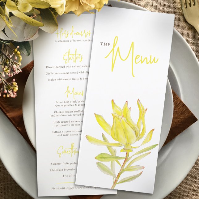 Leucadendron yellow rustic floral wedding menu (Creator Uploaded)