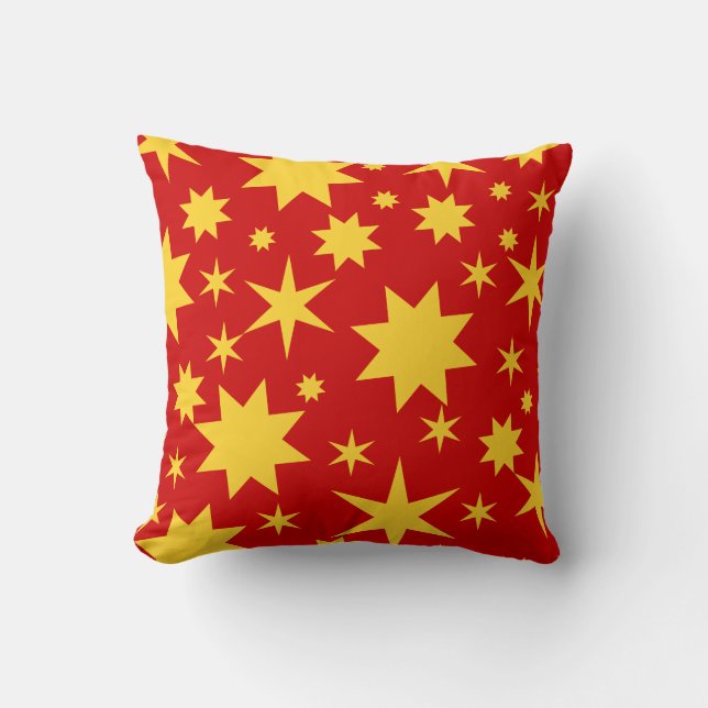 Leuchtendes Rot mit goldenen Sternen Throw Pillow (Front)