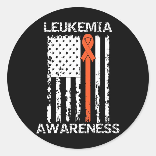 Leukemia Awareness American Flag Orange Ribbon  Classic Round Sticker (Front)