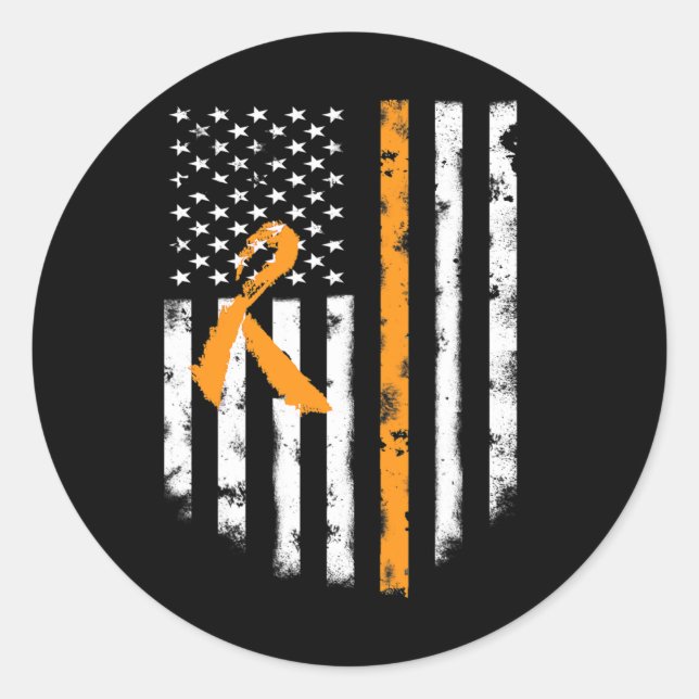 Leukemia Awareness  American Flag Orange Ribbon Te Classic Round Sticker (Front)