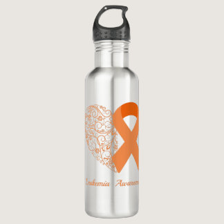 Leukemia  Awareness Floral Heart Orange ribbon Stainless Steel Water Bottle