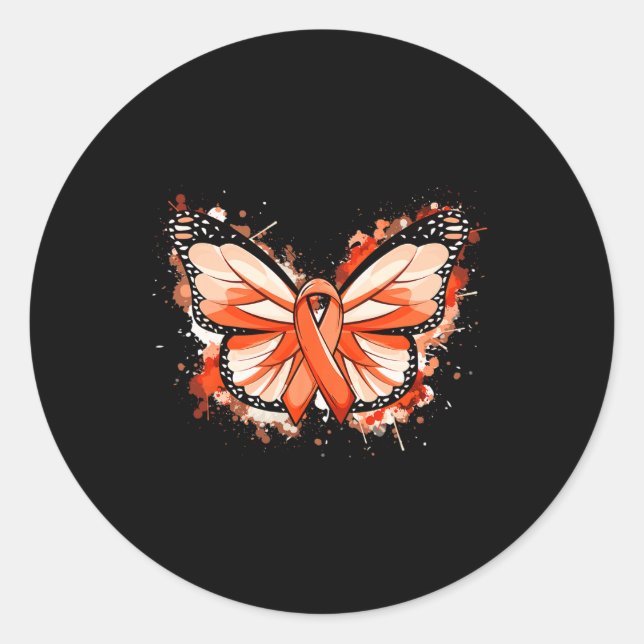 Leukemia Awareness Gifts Orange Ribbon Butterfly  Classic Round Sticker (Front)