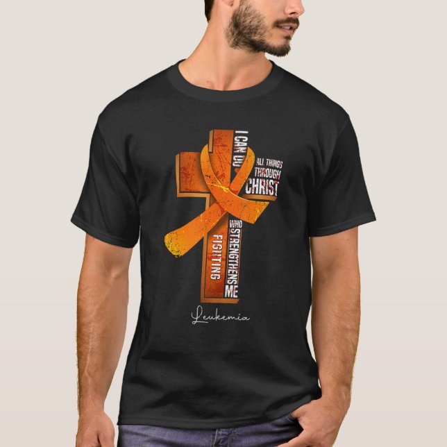 Leukemia Awareness Orange Ribbon Christian Cross T-Shirt (Front)