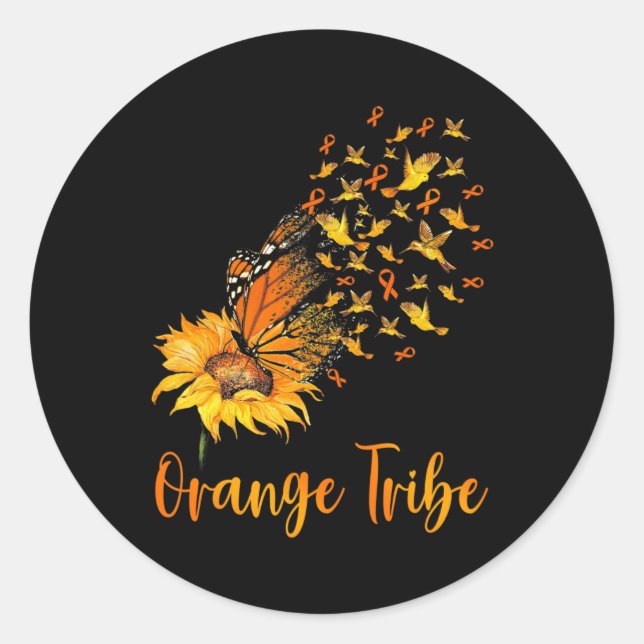 Leukemia Awareness Sunflower Butterfly Orange Ribb Classic Round Sticker (Front)
