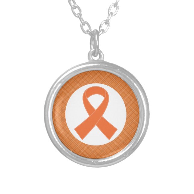 Leukemia or Multiple Sclerosis Orange Ribbon Silver Plated Necklace (Front)