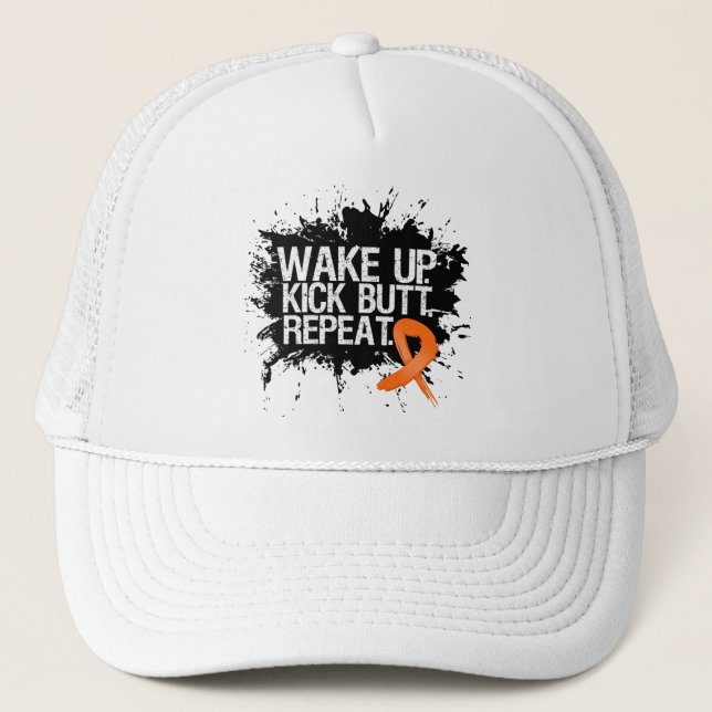 Leukemia Wake Up Kick Butt Repeat Trucker Hat (Front)