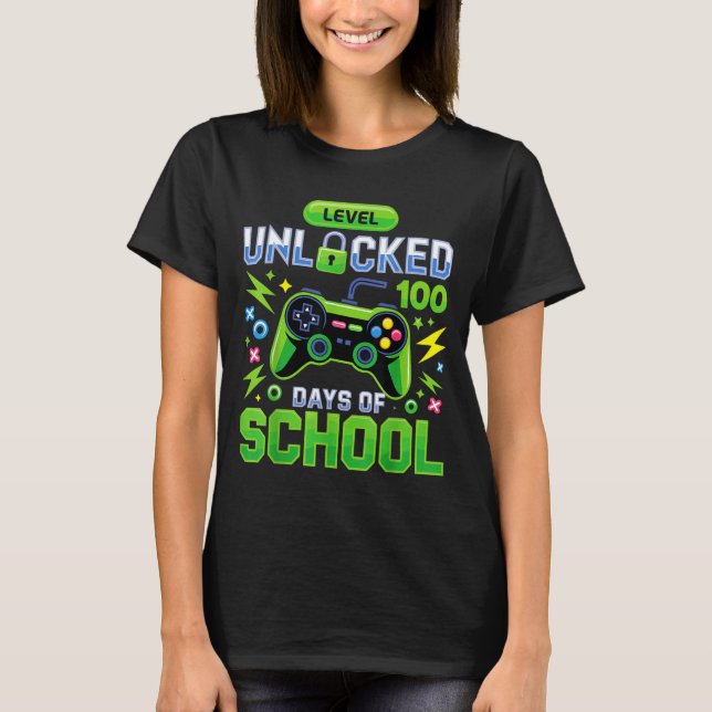 Level 100 Days Of School Unlocked Funny Video Game T-Shirt (Front)