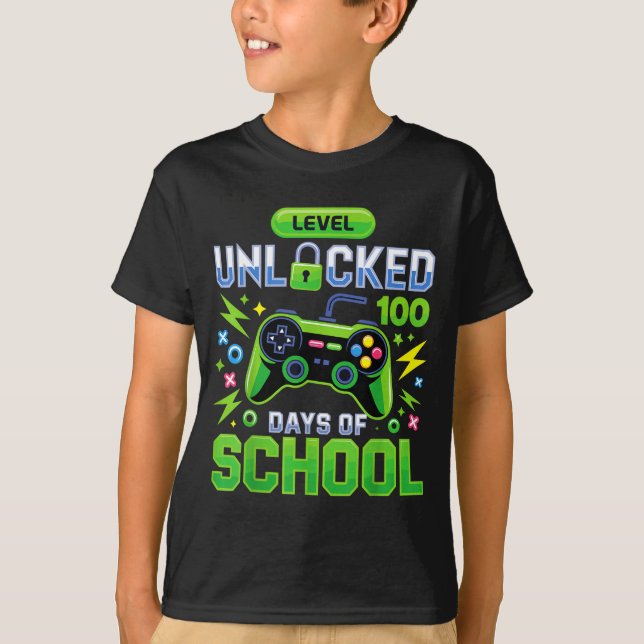 Level 100 Days Of School Unlocked Funny Video Game T-Shirt (Front)