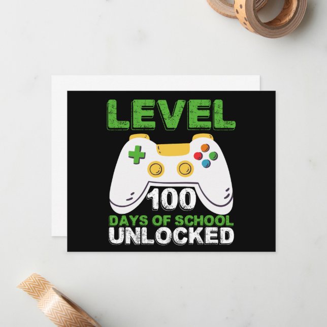 Level 100 Days Of School Unlocked Gamer Video Game Note Card (Front/Back In Situ)