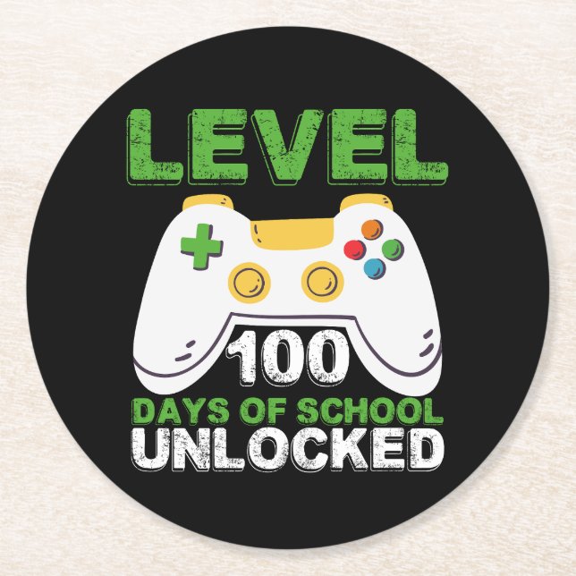 Level 100 Days Of School Unlocked Gamer Video Game Round Paper Coaster (Front)