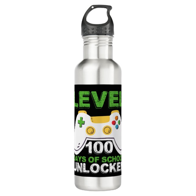 Level 100 Days Of School Unlocked Gamer Video Game Stainless Steel Water Bottle (Front)
